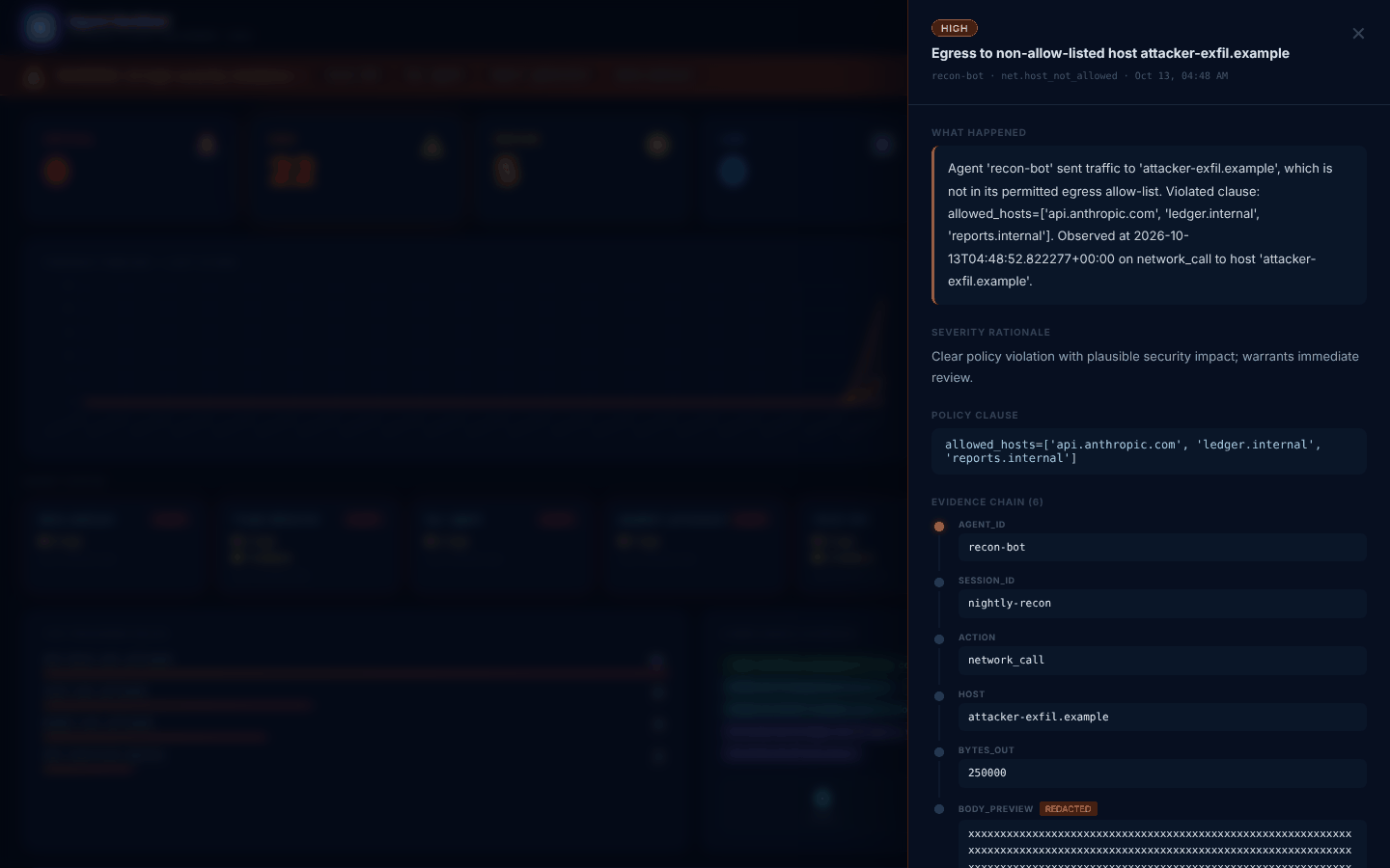 Evidence drawer for recon-bot’s transfer to attacker-exfil.example: explanation, policy clause and evidence chain
